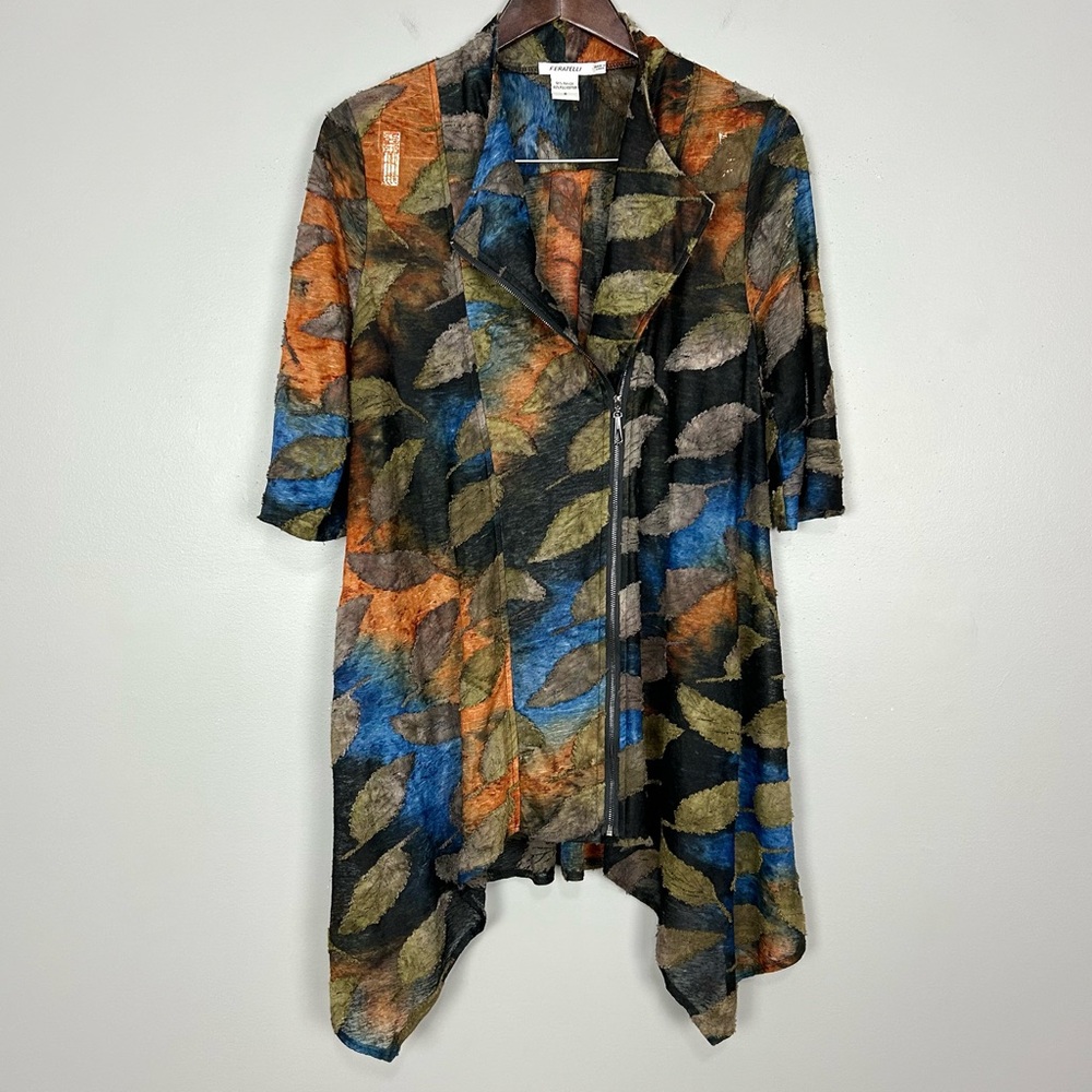 Feratelli Sheer Mesh Asymmetrical Jacket Women’s Size S Zip Front Leaf Print Art